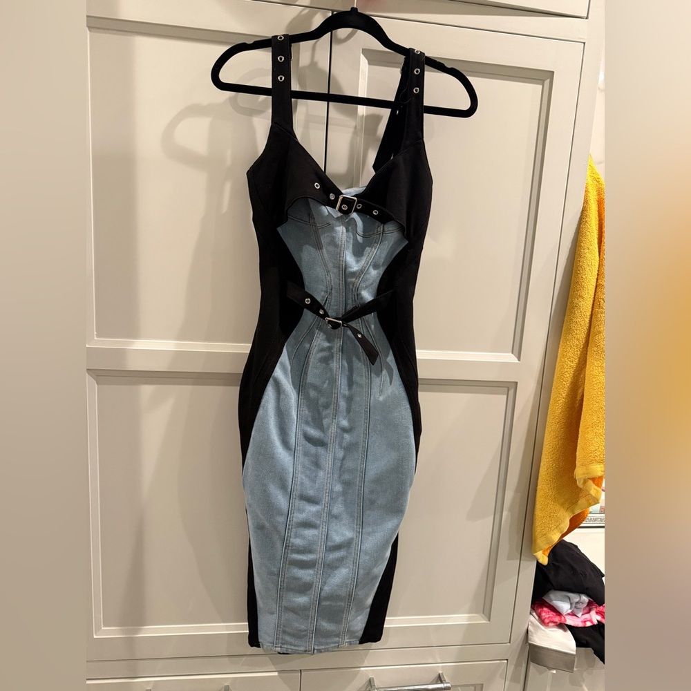 Mugler bi-color buckled denim dress